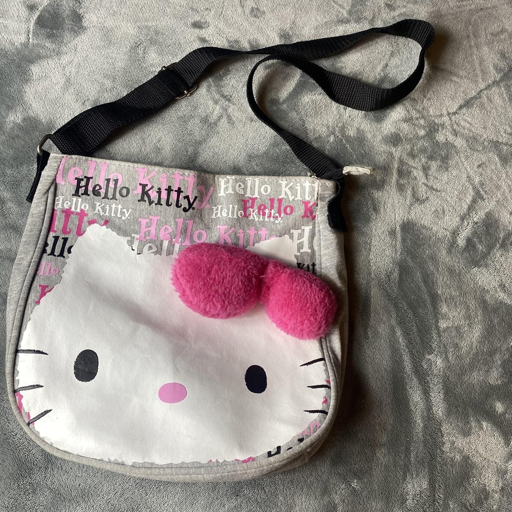 Hello Kitty Shoulder Bag Womens Pink Gray Crossbody Purse Sanrio Plush Bow 2011